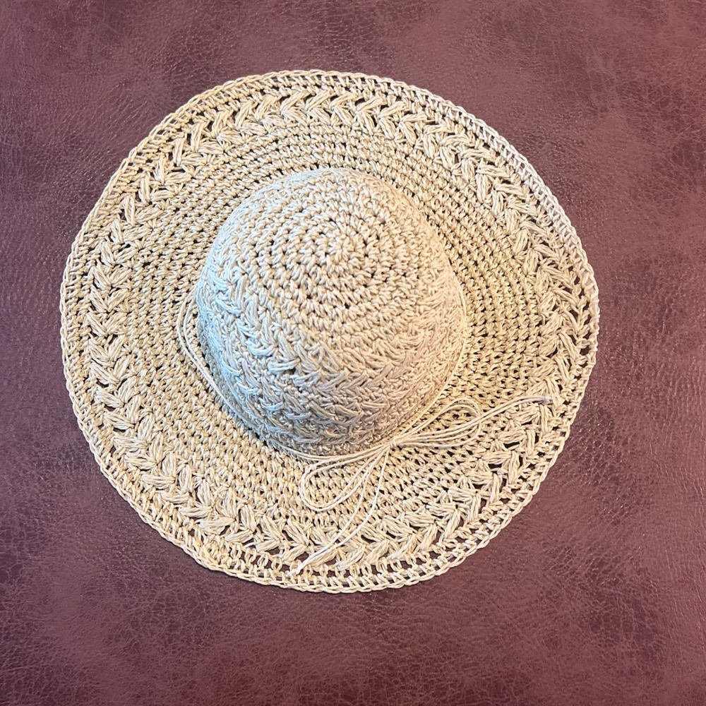Scala Collezione Tan Paper‎ Straw Crochet Wide Brim Sun Hat One Size Handcrafted